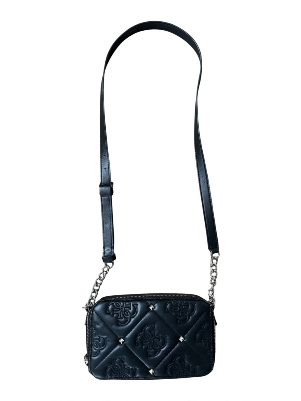 black quilted Guess crossbody camera bag with debossed logo patterns and a chain